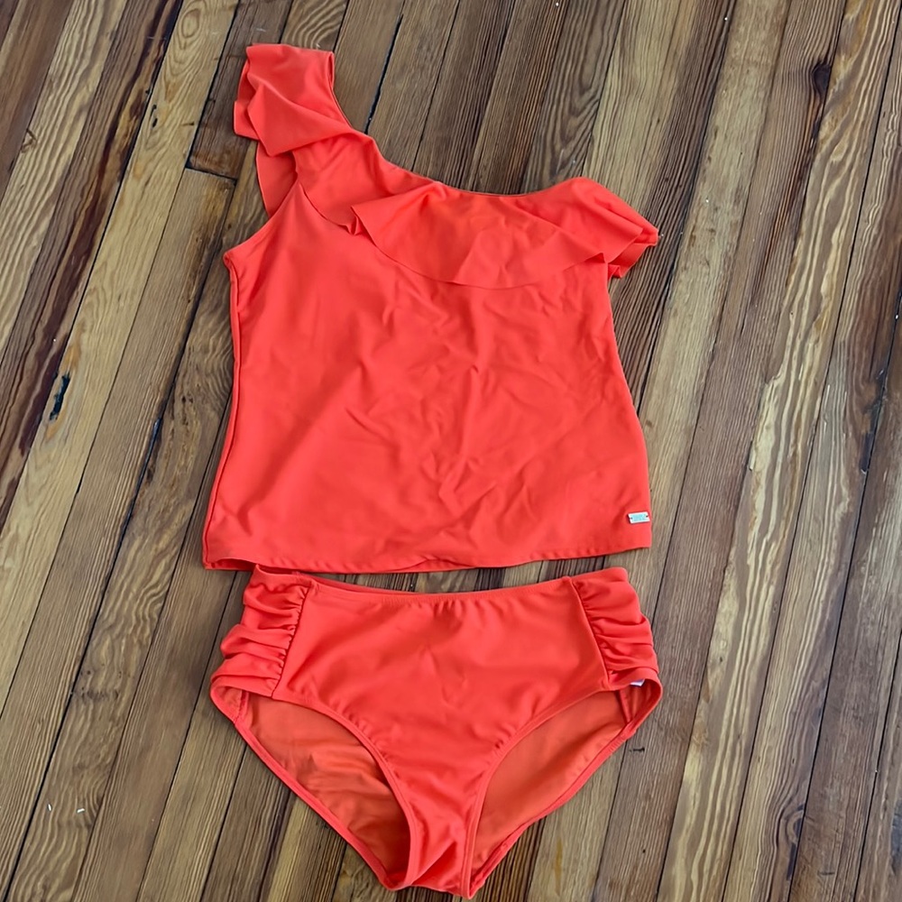 Women's One-Shoulder Ruffle Swim Set - Orange